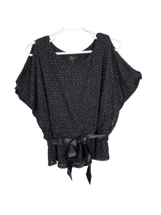dressbarn Tops - DressBarn Collection Sz 3X Top Open Knit Cold Shoulder Ribbon Tie Peplum Silver